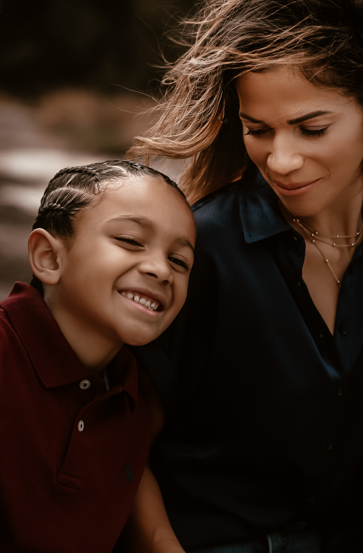 mom wit hher son while he is leaning on her shoulder - smiling Fall Family photography - - Arabia Mountain portrait Photography