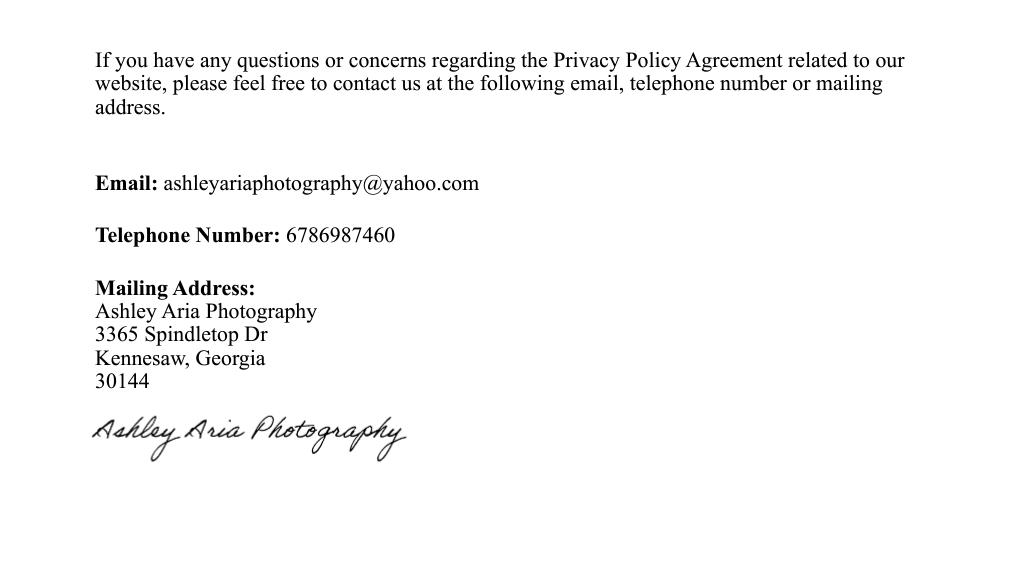 Portion of the privacy policy for Ashleyariaphotography